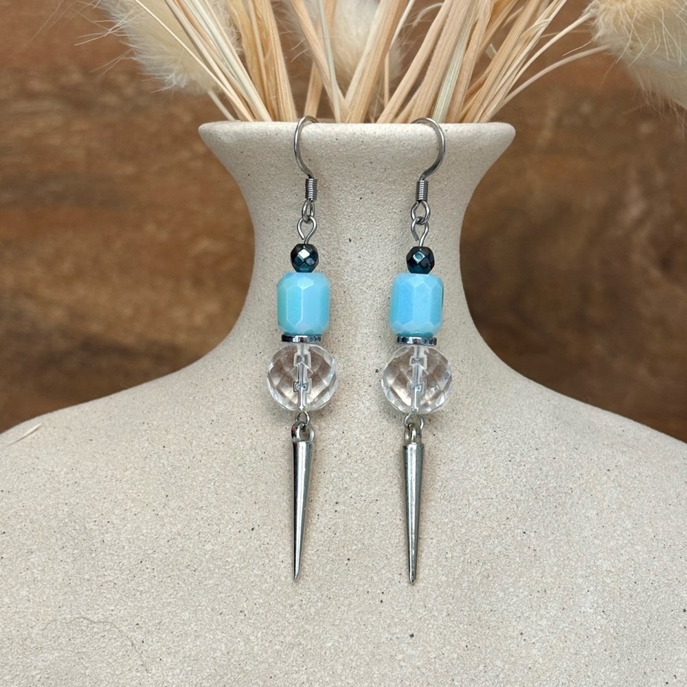 Blue Beaded Drop Earrings Gardgy clear quartz spike silver tone handmade